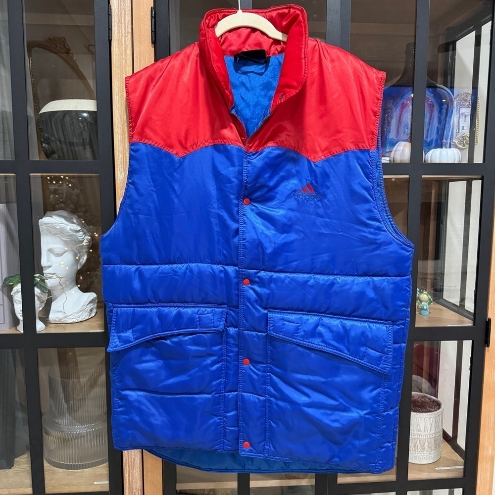 Vintage Adidas puffer jacket pockets colorblock cobalt embroidered logo mens 90s